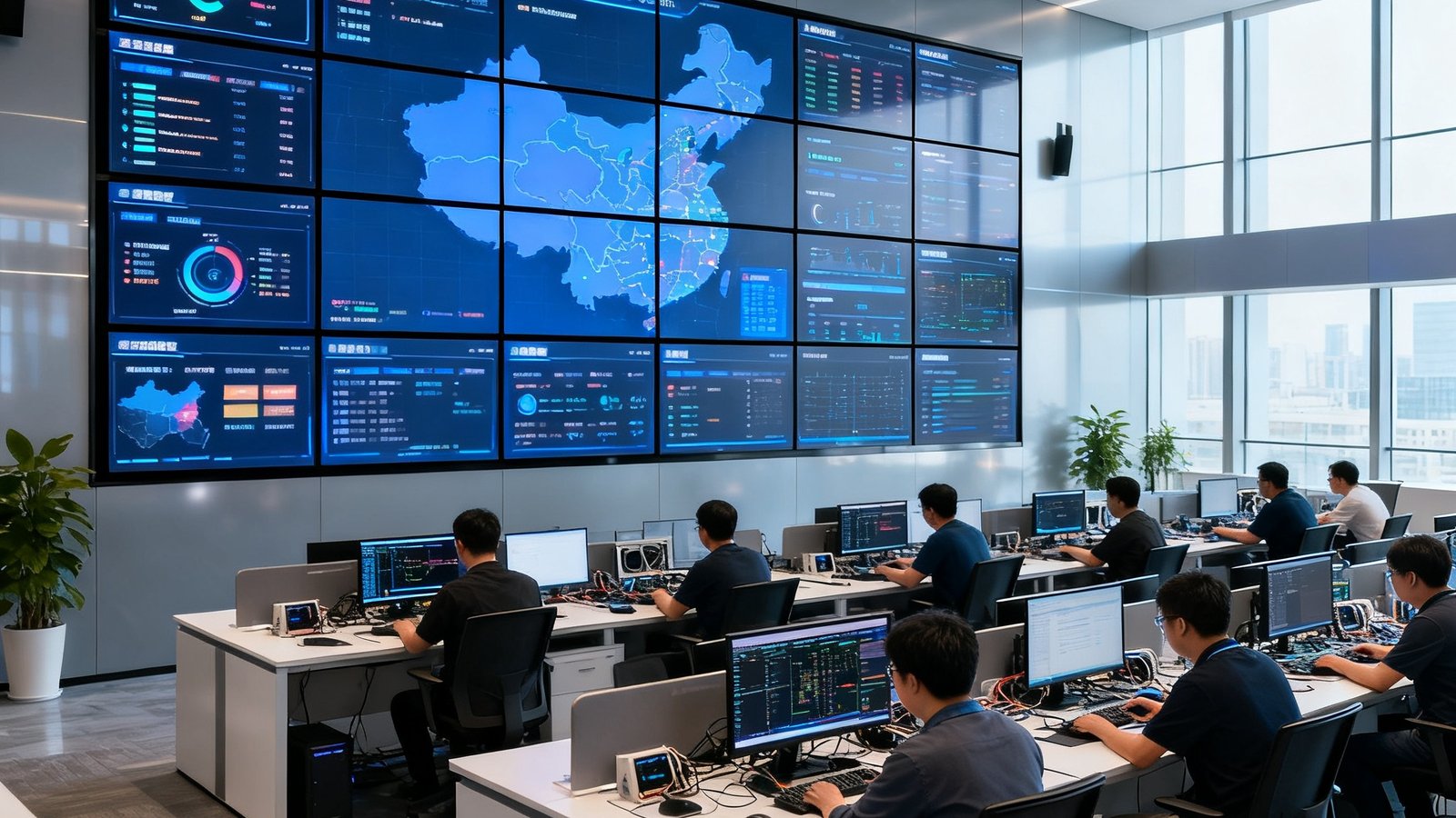 OG视讯上海总部现代化办公区域，一面由18块高清拼接屏组成的实时数据监控墙显示着全国点位播放状态，开放式工位区数十名技术工程师正在进行系统调试