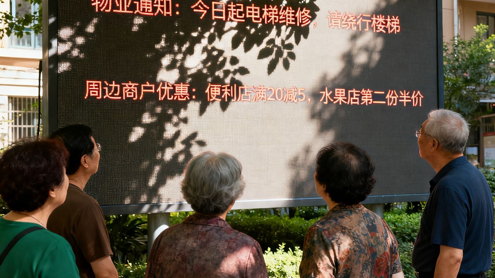 社区居民在公告屏前驻足观看的场景，屏幕同时显示物业通知和周边商户优惠，阳光透过树叶洒在屏幕上