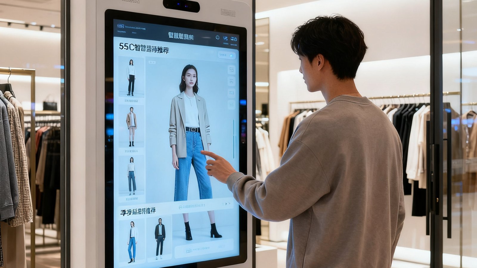 时尚服装门店入口处的55英寸智慧导购屏，一位顾客正在触摸屏幕浏览当季新品搭配推荐，屏幕上方摄像头正在采集客流数据供后台分析